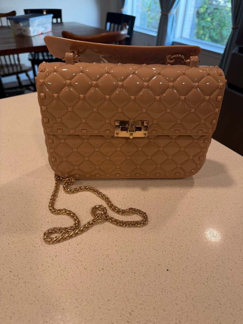 NWT Nude Beige Quilted Jelly Handbag Studded Gold Chain Crossbody Purse 9x6